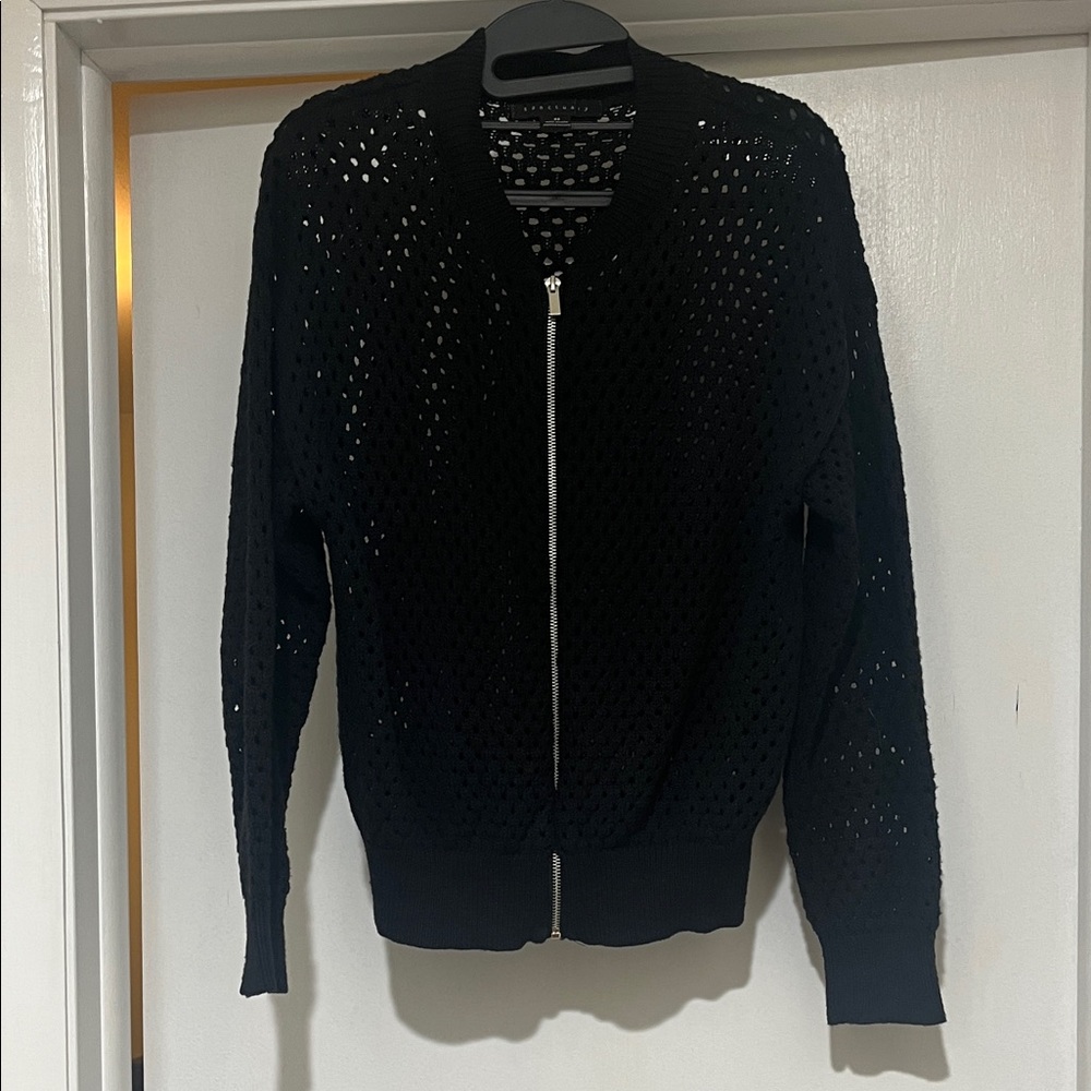 Black Open-Knit Zip Front Bomber Sweater